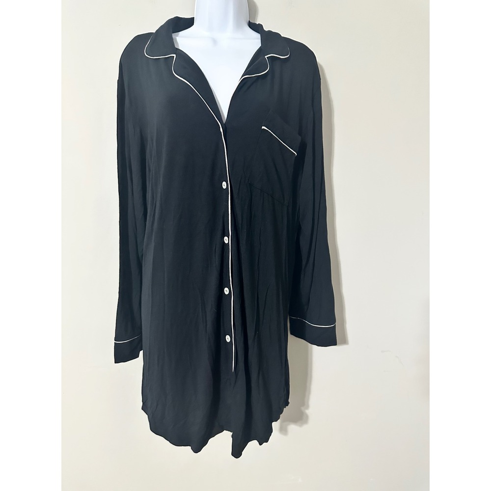 Eberjey Giselle Black Long-Sleeve Button Pajama Top with White Piping